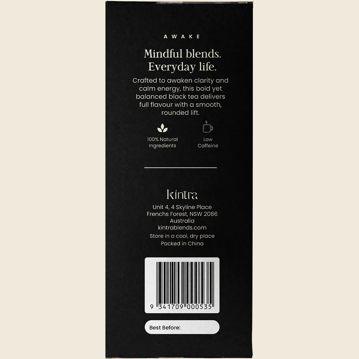 Side view of a 250g Kintra Blends Formosan Black Tea bag showing key features and benefits on a green and brown label.