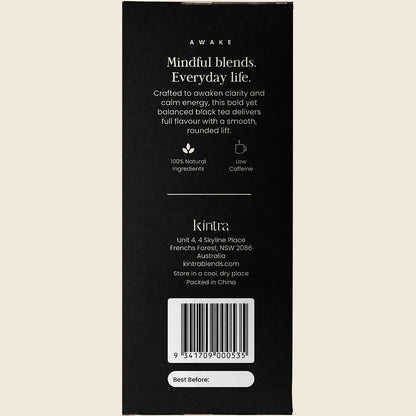 Side view of a 250g Kintra Blends Formosan Black Tea bag showing key features and benefits on a green and brown label.