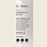 Side view of a Kintra Blends Formosan Black Tea bag showing a barcode and organic certification logo.