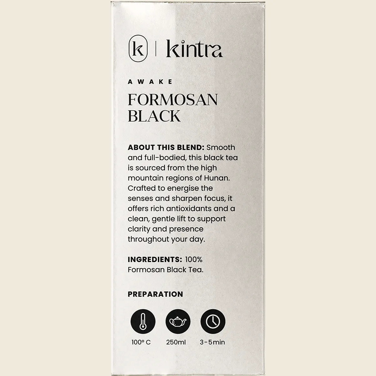 Side view of a Kintra Blends Formosan Black Tea bag showing a barcode and organic certification logo.