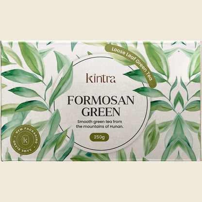 Back of 250g Kintra Blends Formosan Green Tea loose leaf bag showing ingredients and brewing instructions.
