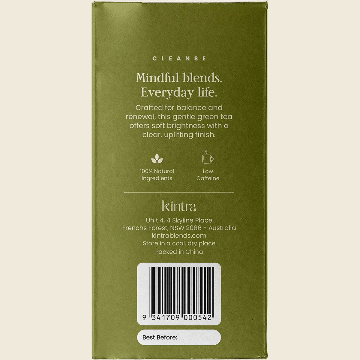 Side view of a Kintra Blends Formosan Green Tea 250g bag highlighting organic and natural product features.