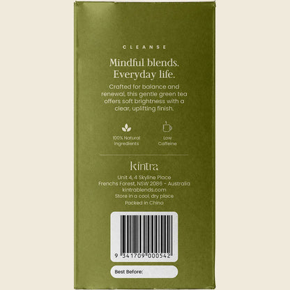 Side view of a Kintra Blends Formosan Green Tea 250g bag highlighting organic and natural product features.