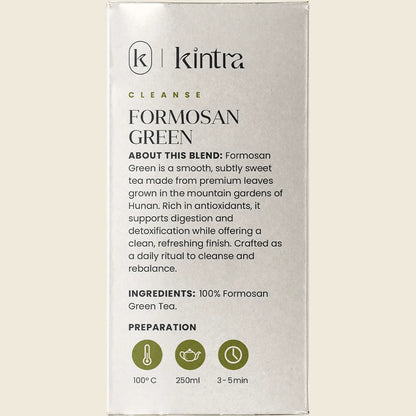 Right side of Kintra Blends Formosan Green Tea 250g bag showing product features and 98% caffeine free label.