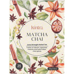 Box of 25 Kintra Foods Matcha Chai Tea bags featuring a green and white design with Japanese matcha and spice illustrations.