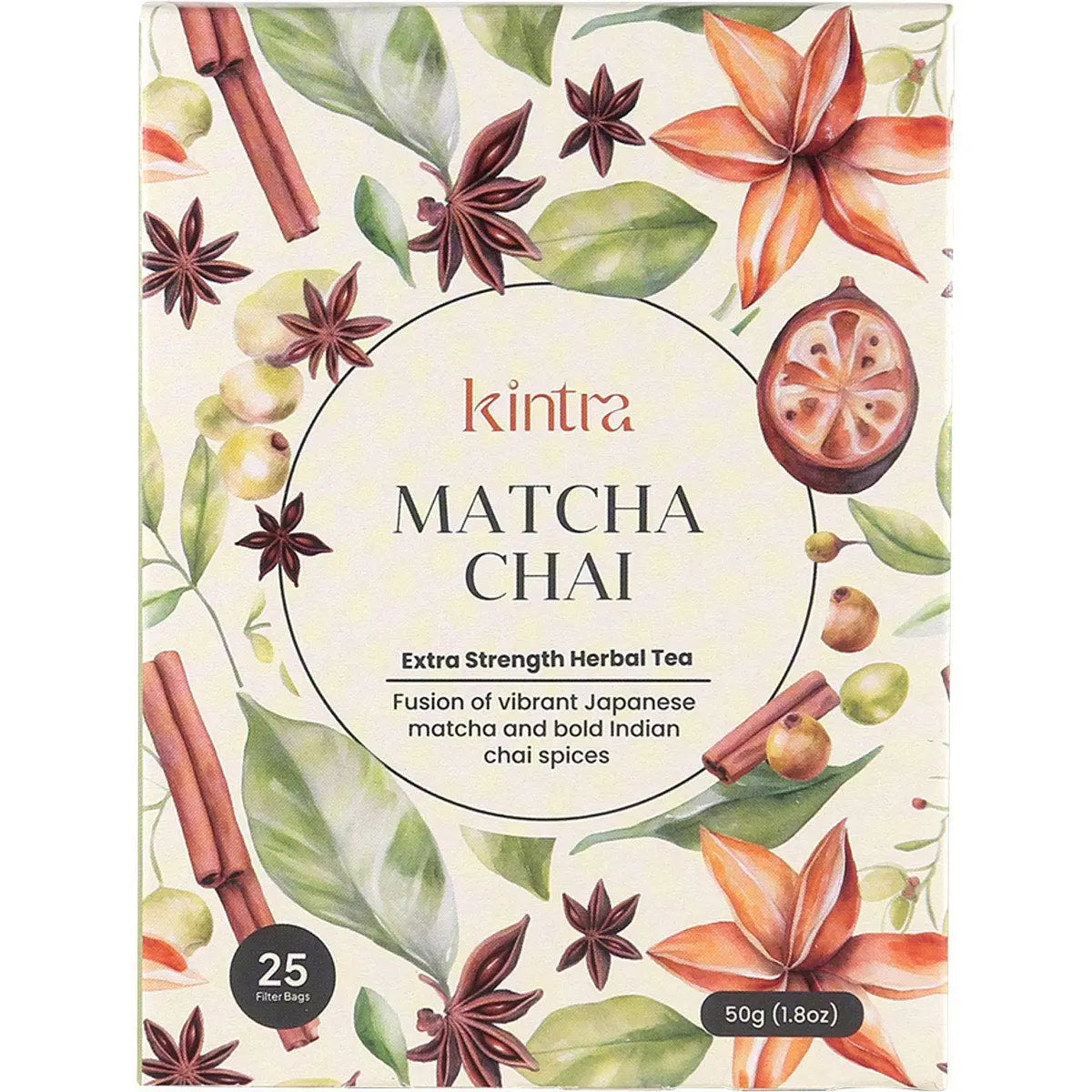 Box of 25 Kintra Foods Matcha Chai Tea bags featuring a green and white design with Japanese matcha and spice illustrations.