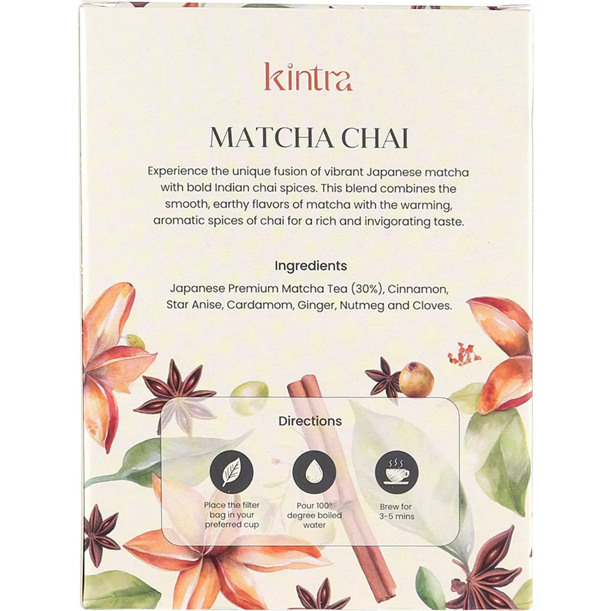 Back of Kintra Foods Matcha Chai Tea box showing ingredients, brewing instructions, and nutritional information.