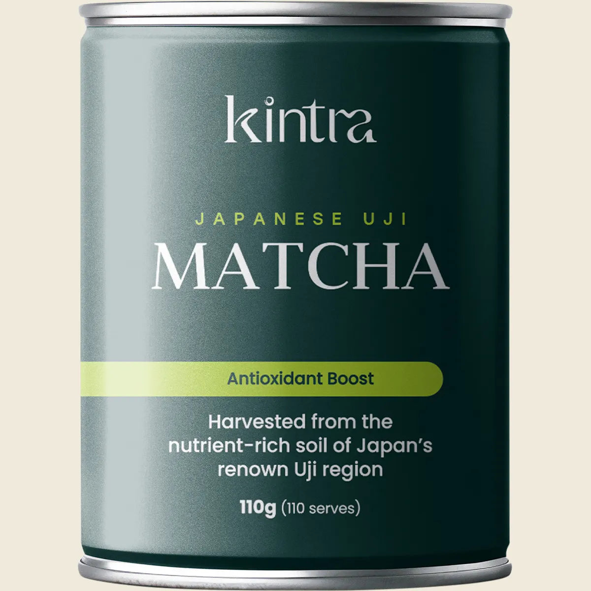 110g canister of Kintra Foods Matcha Green Tea Powder, 100% Japanese green tea, on a clean white background.