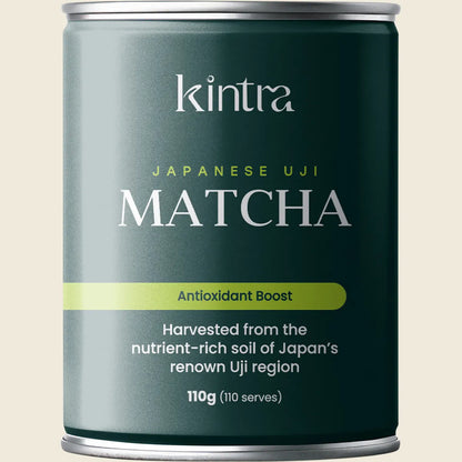 110g canister of Kintra Foods Matcha Green Tea Powder, 100% Japanese green tea, on a clean white background.