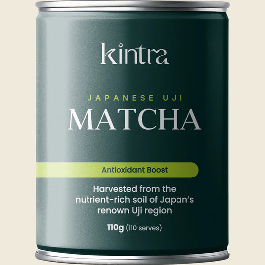 110g canister of Kintra Foods Matcha Green Tea Powder, 100% Japanese green tea, on a clean white background.