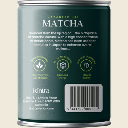 Side view of a 110g canister of Kintra Foods Matcha Green Tea Powder showing product details on a white background.