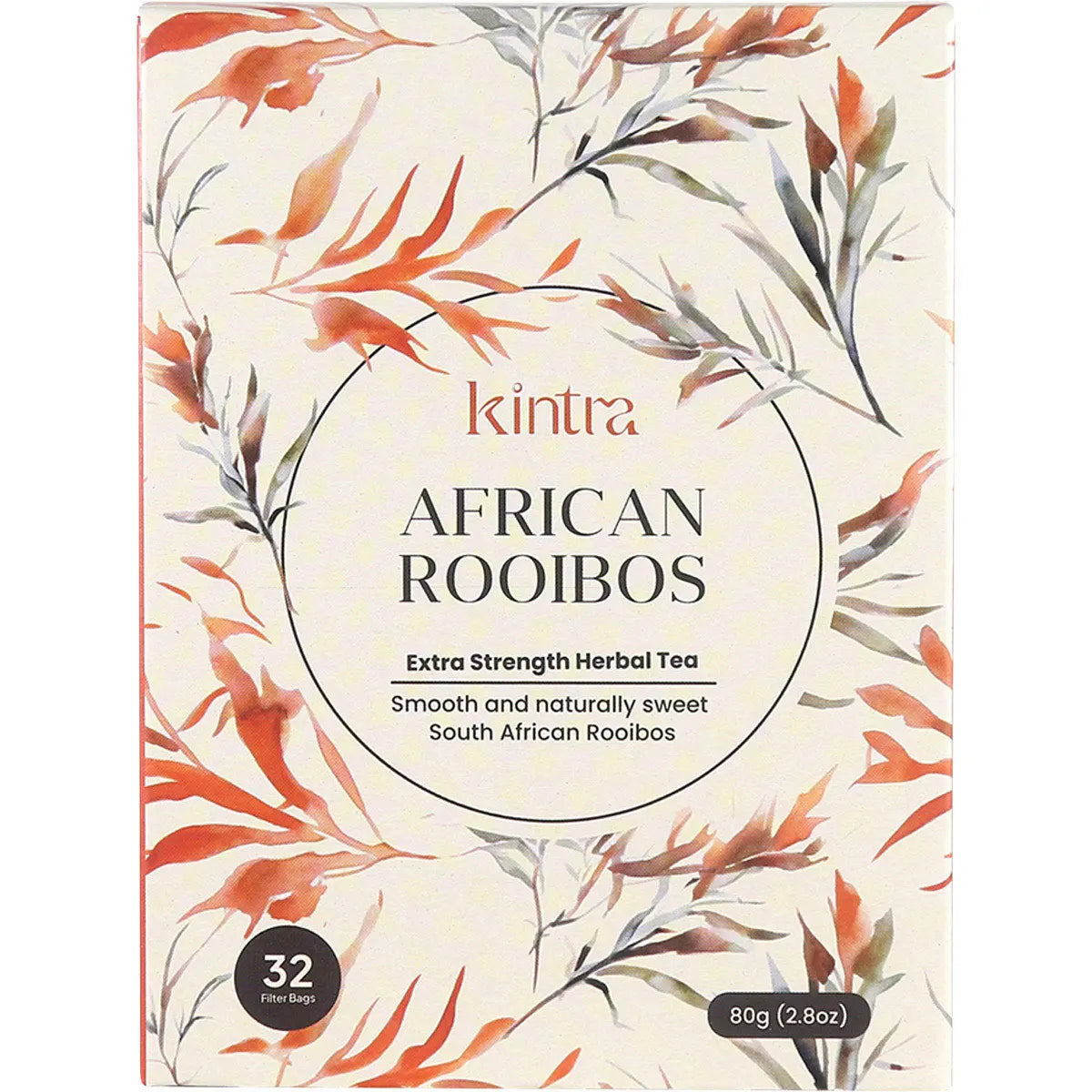 Box of 32 Kintra Foods Rooibos African Tea bags featuring a red bush illustration on a white and brown label.