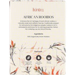 The back of a box of Kintra Foods Rooibos African Tea, showing product details and health benefits on a brown background.