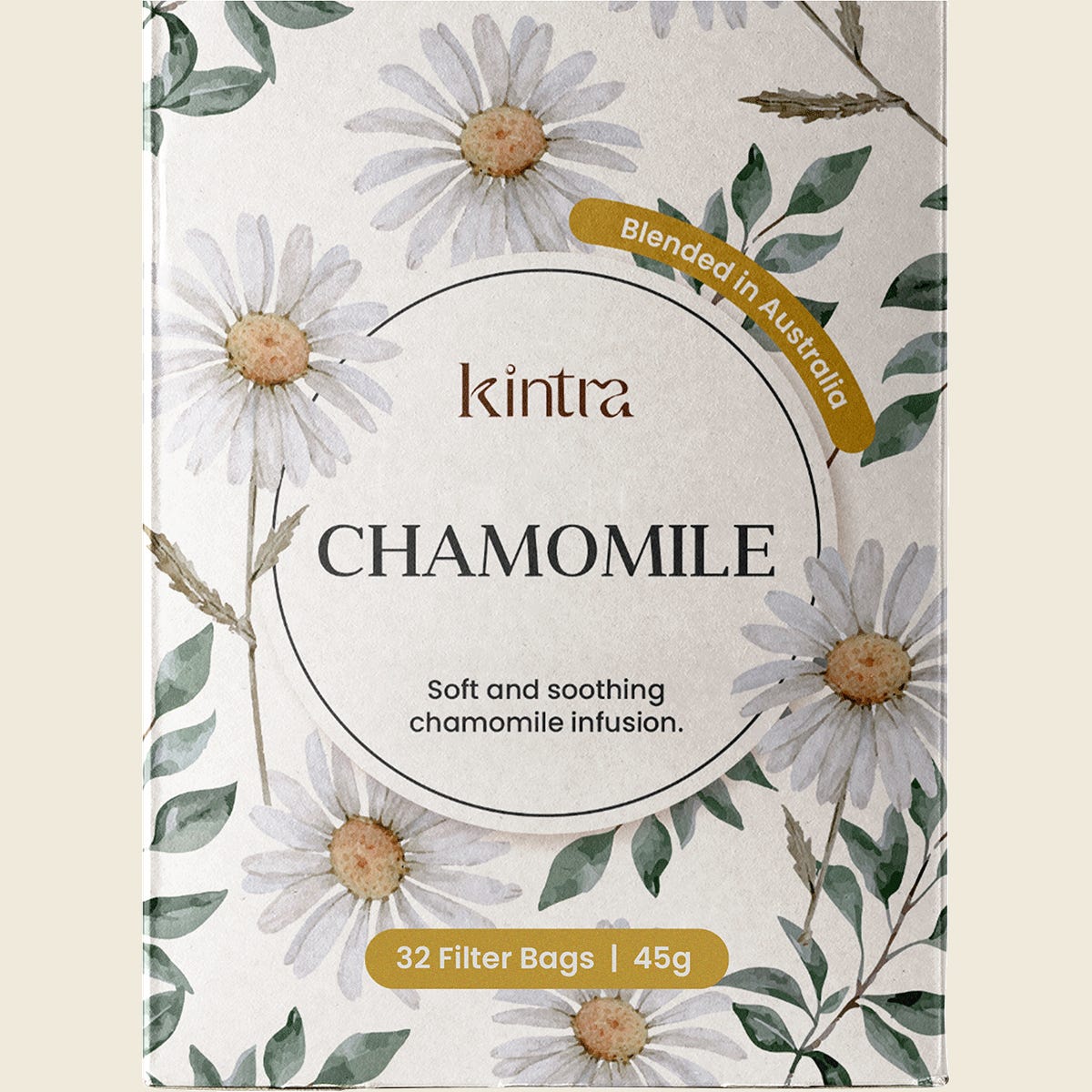 Box of 32 Kintra Blends Chamomile herbal tea bags featuring a yellow and white label with floral illustrations.