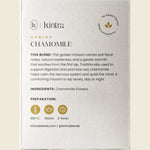 Back of Kintra Blends Chamomile tea box showing ingredients and brewing instructions on a yellow and white label.