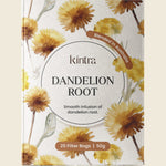 Box of 25 Kintra Blends Dandelion Root herbal tea bags featuring a botanical illustration on a white background.