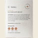 Back of Kintra Blends Dandelion Root tea box showing ingredients and brewing instructions.