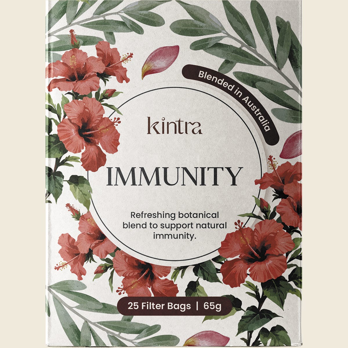 Kintra Blends Immunity herbal tea bags 25 pack in a white and yellow box with botanical illustrations.
