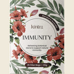 Kintra Blends Immunity herbal tea bags 25 pack in a white and yellow box with botanical illustrations.