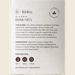 Back of Kintra Blends Immunity tea box with 25 bags, showing ingredients, benefits, and botanical illustrations.