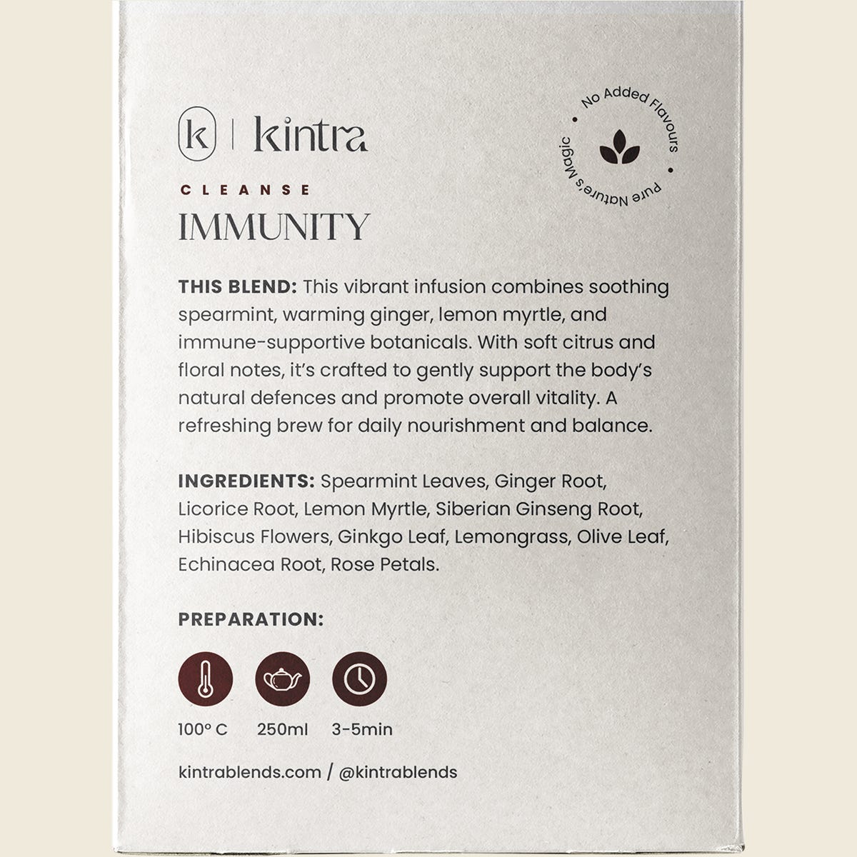 Back of Kintra Blends Immunity tea box with 25 bags, showing ingredients, benefits, and botanical illustrations.
