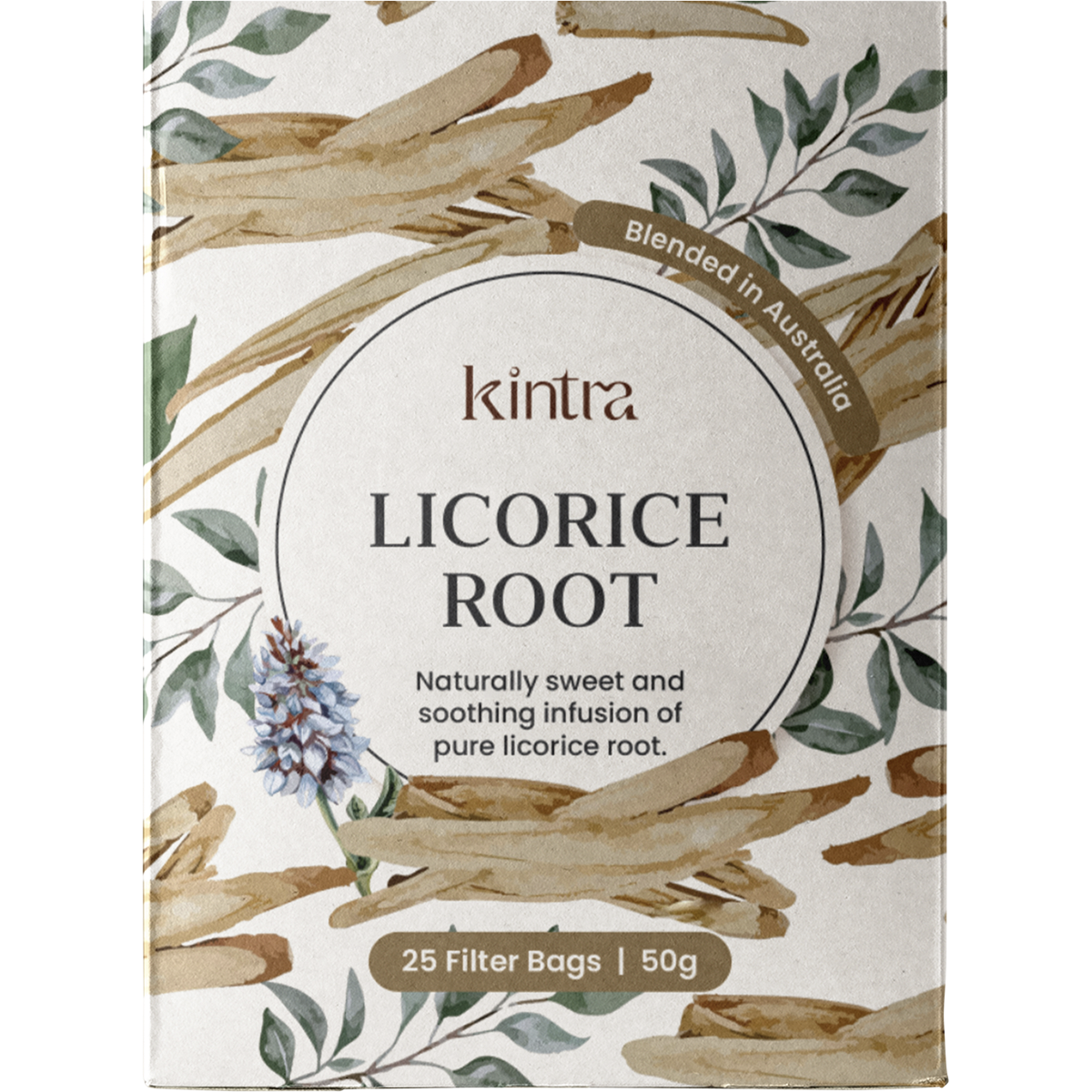 Box of 25 Kintra Blends Licorice Root tea bags featuring a purple label with botanical illustrations on a white background.