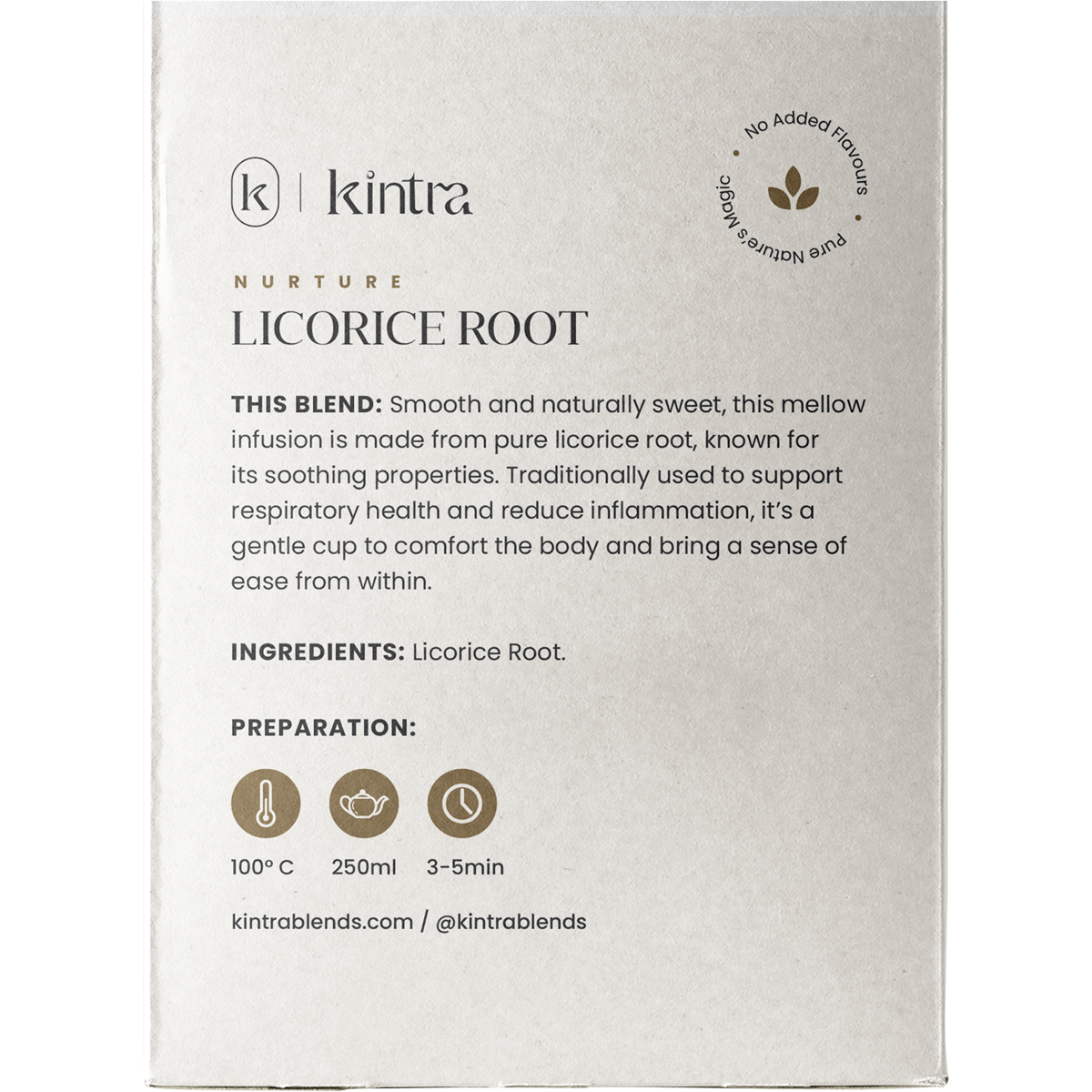 Back of Kintra Blends Licorice Root tea box with ingredients, brewing instructions, and nutritional information.