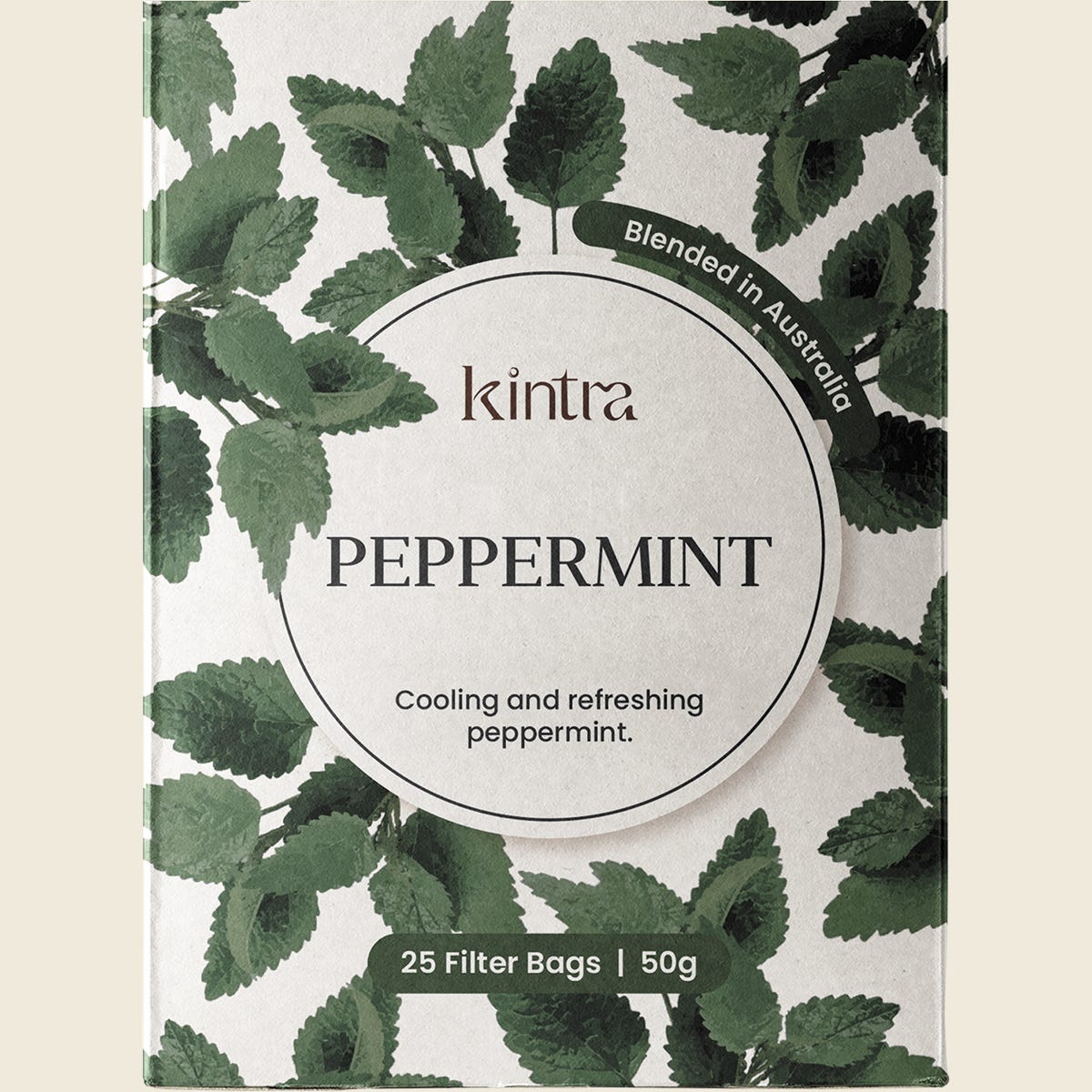 25-pack box of Kintra Blends Peppermint Herbal Tea Bags featuring fresh mint leaf illustrations.