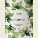 Kintra Blends 25 pack of Spearmint herbal tea bags in a light green and white box with a mint leaf illustration.