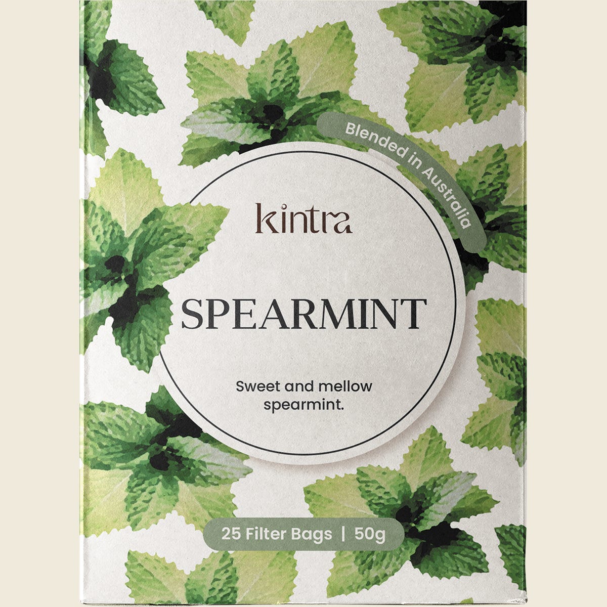 Kintra Blends 25 pack of Spearmint herbal tea bags in a light green and white box with a mint leaf illustration.