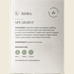 Back of Kintra Blends Spearmint tea box showing ingredients and brewing instructions on a light green background.