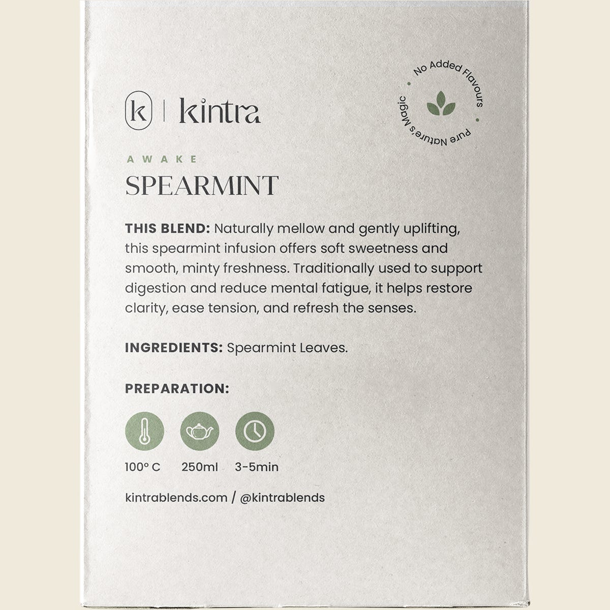 Back of Kintra Blends Spearmint tea box showing ingredients and brewing instructions on a light green background.