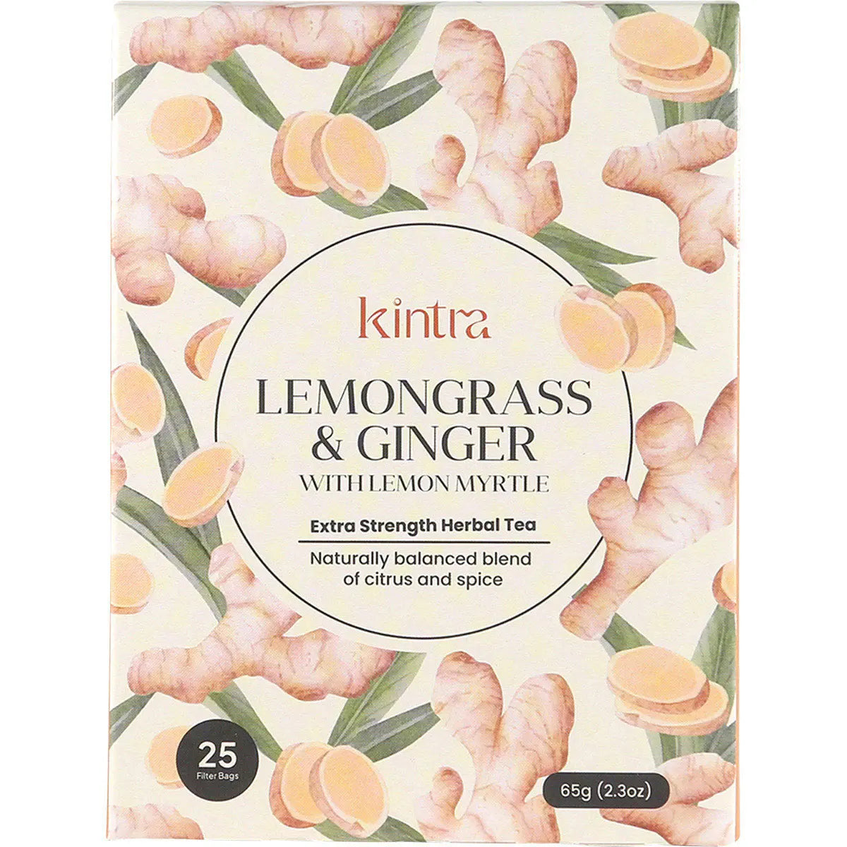 25 pack of Kintra Foods Lemongrass and Ginger tea with lemon myrtle in a yellow and green box.