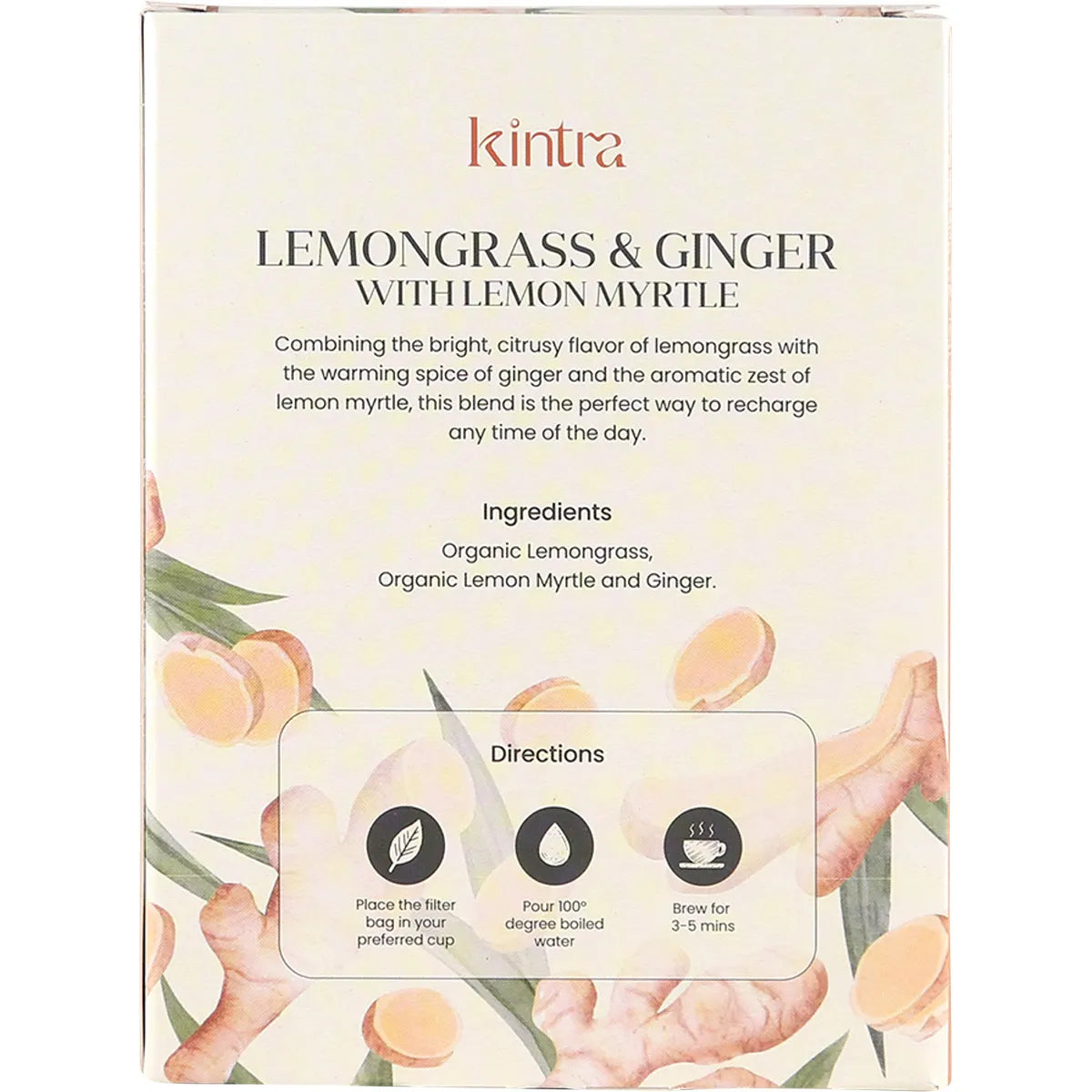 Back of Kintra Foods Lemongrass and Ginger tea box showing ingredients and brewing instructions.