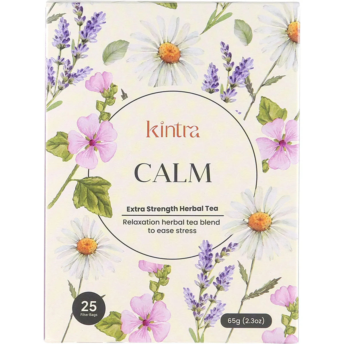 Kintra Foods Herbal Tea Bags Calm and Relax 25 Pack box featuring chamomile and floral illustrations.