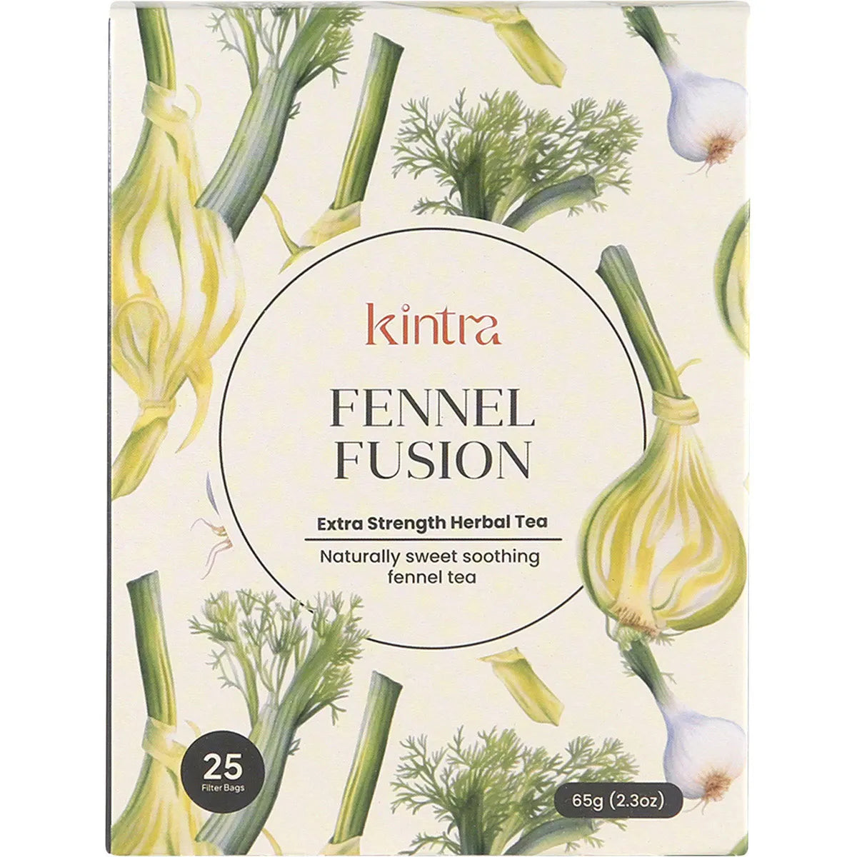 Kintra Foods Fennel Fusion 25 pack herbal tea bags box with organic sweet fennel seed and fennel oil.