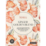 Kintra Foods Ginger Golden Blend 25 tea bags box with organic ginger, turmeric, and galangal illustrations.