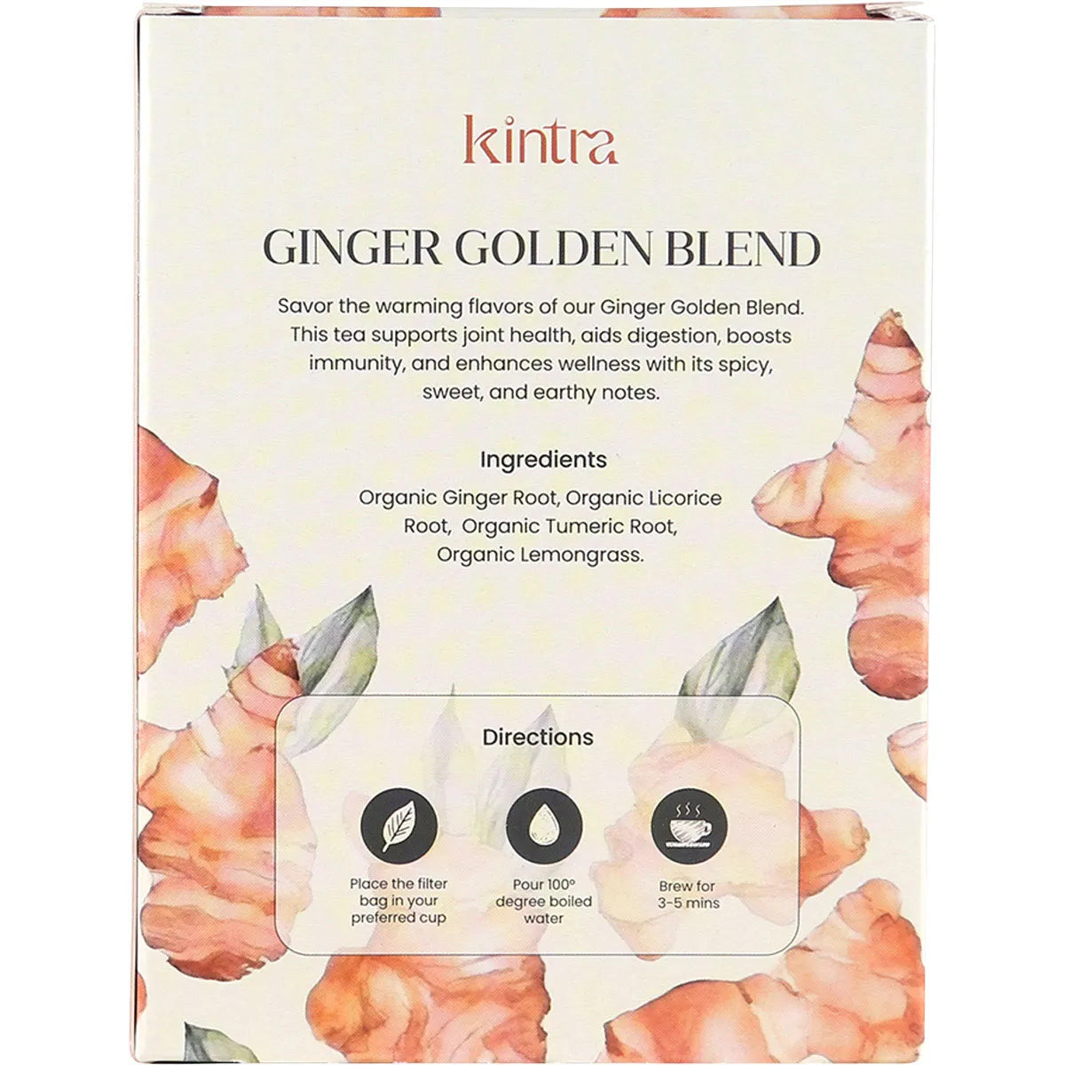 Back of Kintra Foods Ginger Golden Blend tea box with ingredients, brewing instructions, and health benefits.