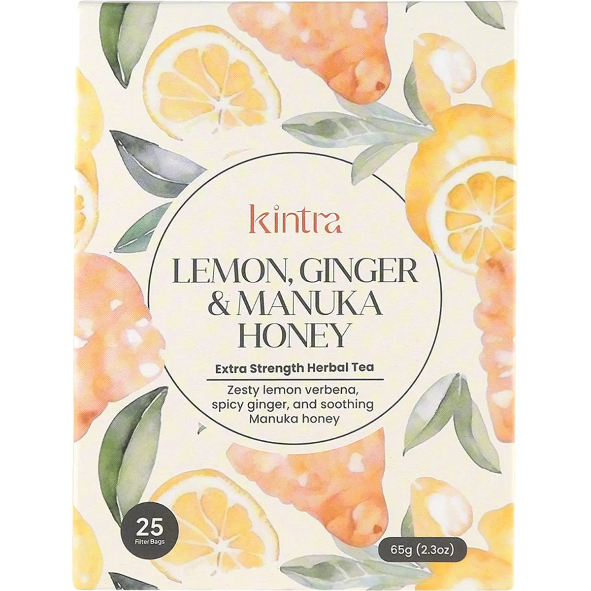 Box of Kintra Foods Lemon and Ginger with Manuka Honey herbal tea bags, 25 pack, on a white background.