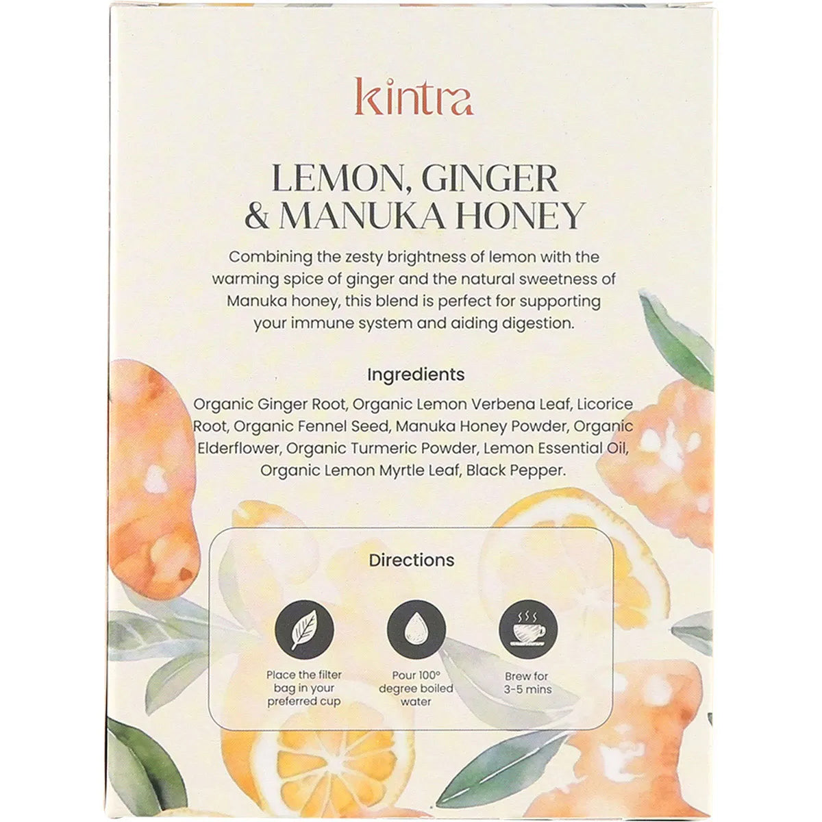 Back of Kintra Foods Lemon and Ginger with Manuka Honey tea box featuring ingredients and brewing instructions.