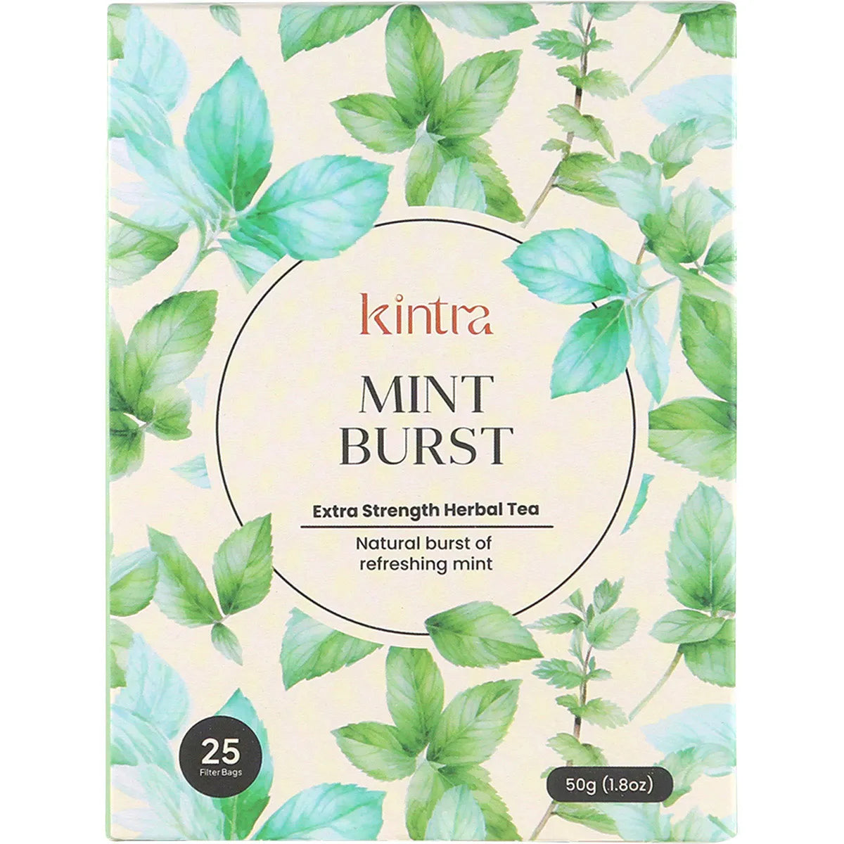Box of Kintra Foods Mint Burst herbal tea with 25 tea bags, featuring organic peppermint and spearmint leaves.