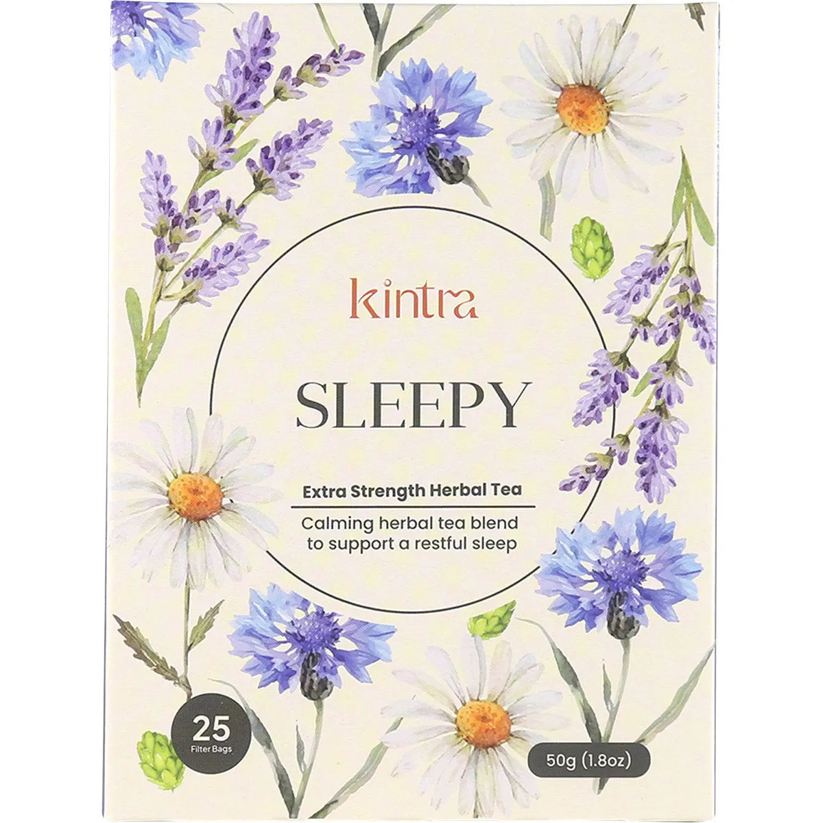 Kintra Foods Sleepy Herbal Tea 25 pack box with chamomile and lavender illustrations for relaxation.