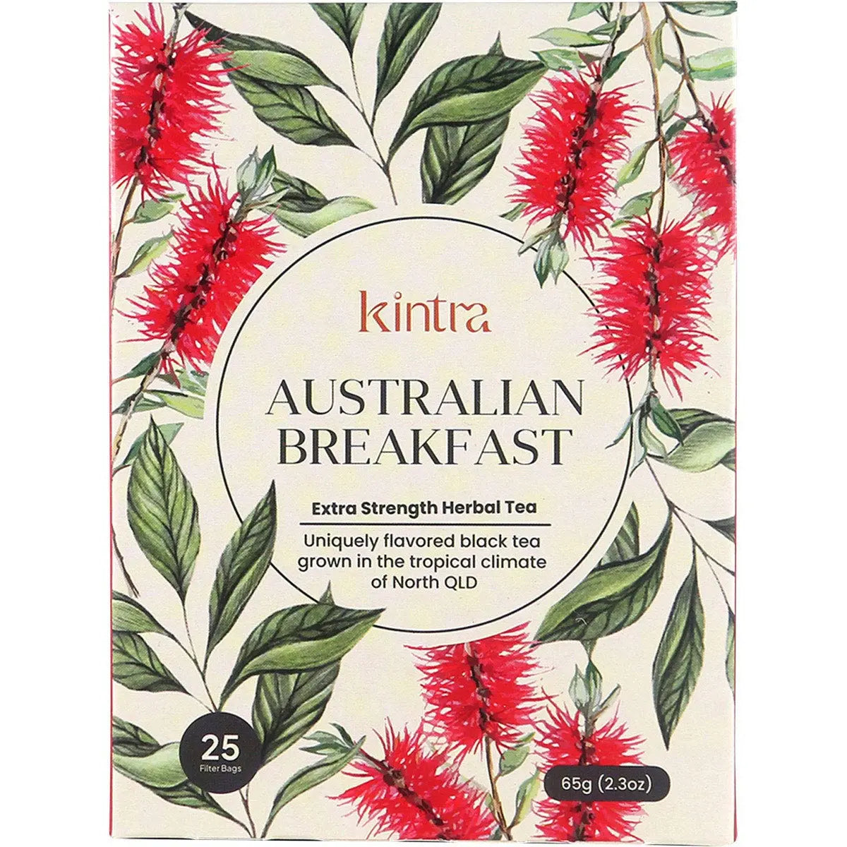 Box of 25 Kintra Foods Australian Breakfast herbal tea bags featuring a traditional black tea blend.