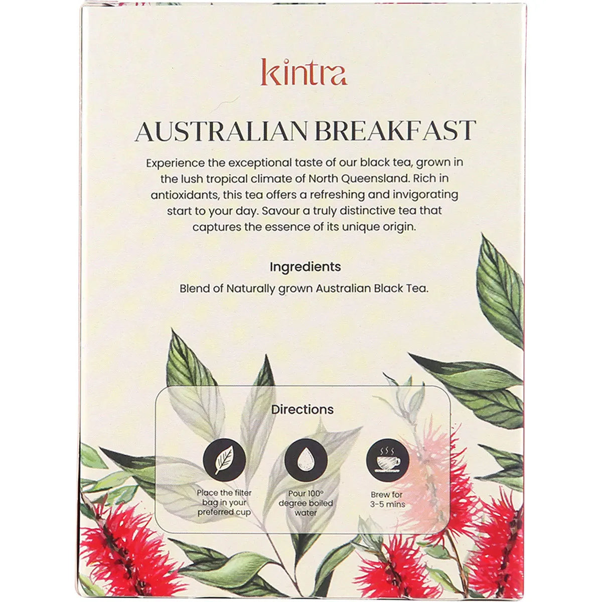 Back of Kintra Foods Australian Breakfast tea box showing ingredients and brewing instructions.