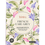 25-pack of Kintra Foods French Earl Grey tea bags in a white box with black tea, blue cornflower, and rose petals.