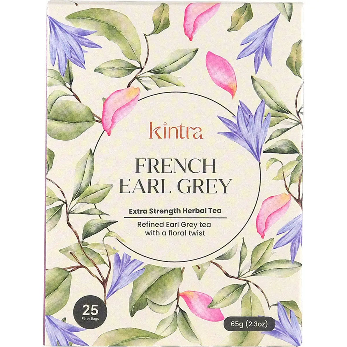 25-pack of Kintra Foods French Earl Grey tea bags in a white box with black tea, blue cornflower, and rose petals.