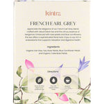 Back of Kintra Foods French Earl Grey 25-pack tea box with ingredients, brewing instructions, and key benefits.