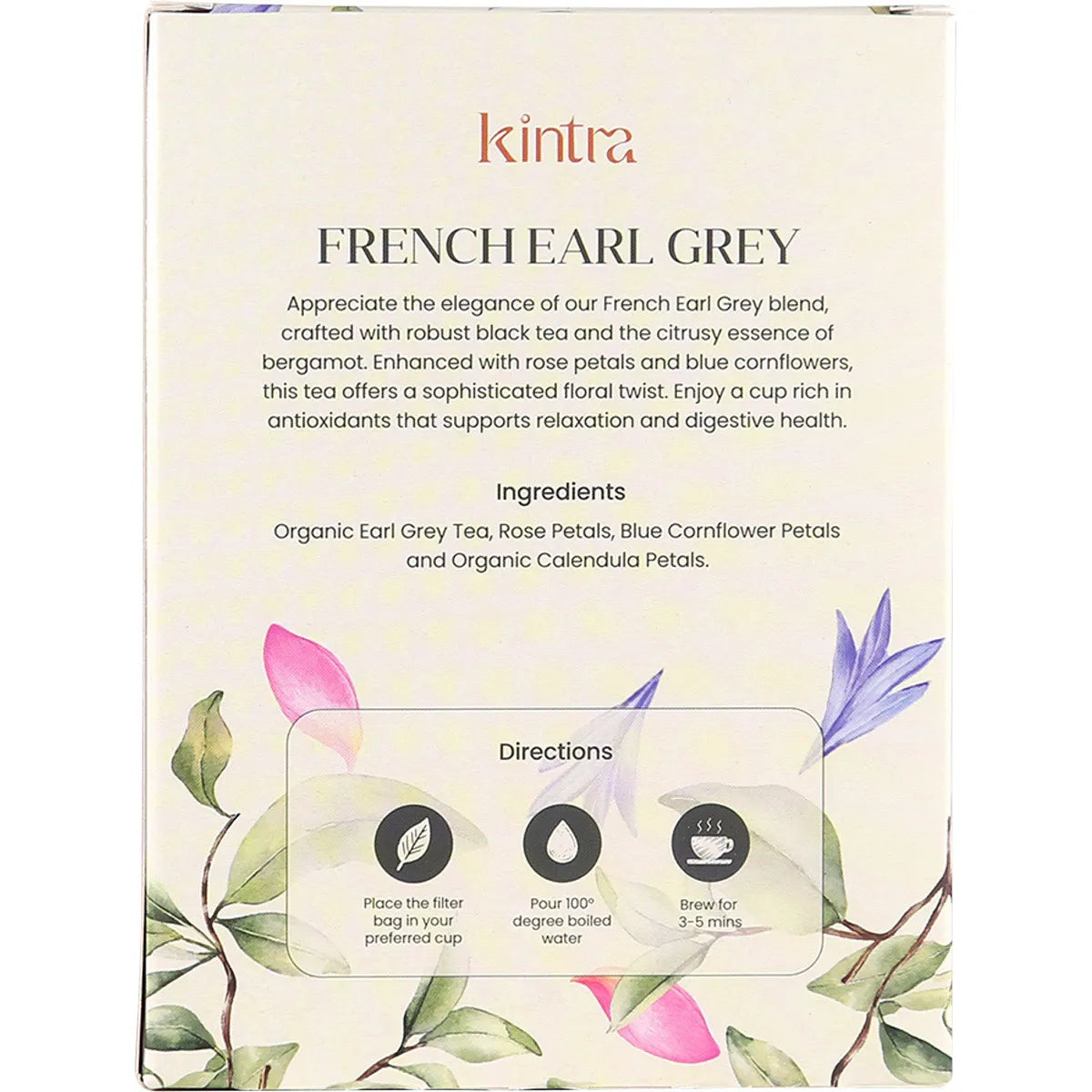 Back of Kintra Foods French Earl Grey 25-pack tea box with ingredients, brewing instructions, and key benefits.