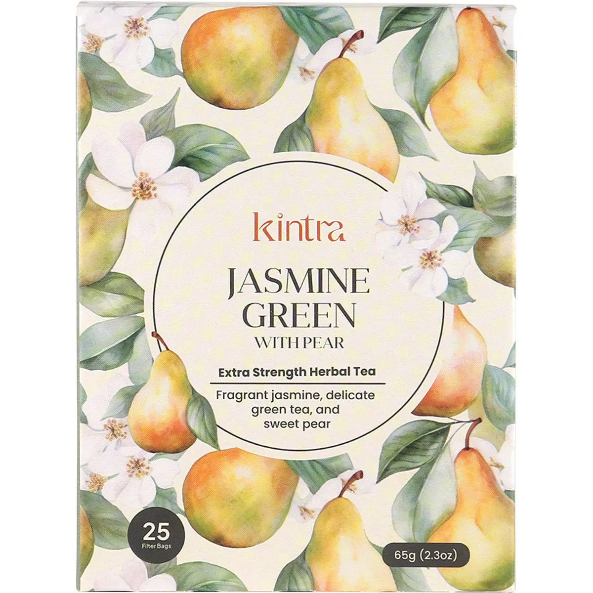 Box of 25 Kintra Foods Jasmine Green with Pear herbal tea bags featuring a floral design on a white and green background.