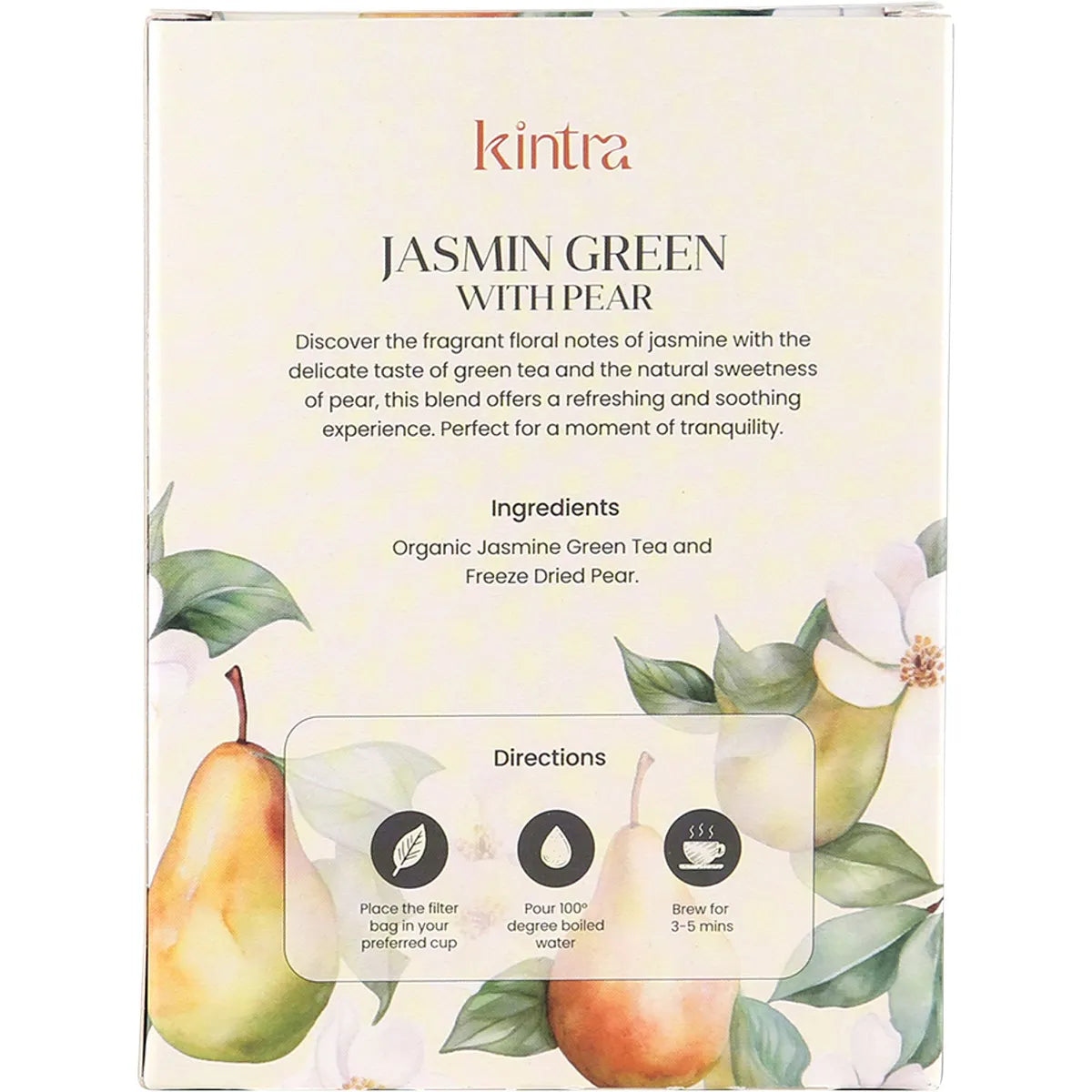 Back of a Kintra Foods Jasmine Green with Pear tea box featuring brewing instructions and product benefits.